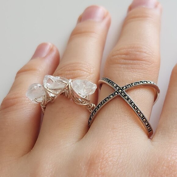 Hand Crafted Jewelry - Triple white crystal silver wire ring size 7